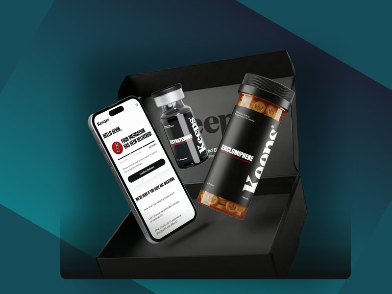 Keeps TRT kit: testosterone vial, enclomiphene bottle and the Keeps app